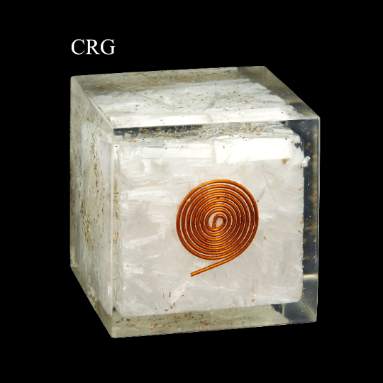 Selenite Chip Orgonite Cube with Copper Wire - 2" - Qty 1