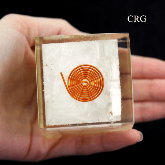 Selenite Chip Orgonite Cube with Copper Wire - 2" - Qty 1Crystal River Gems