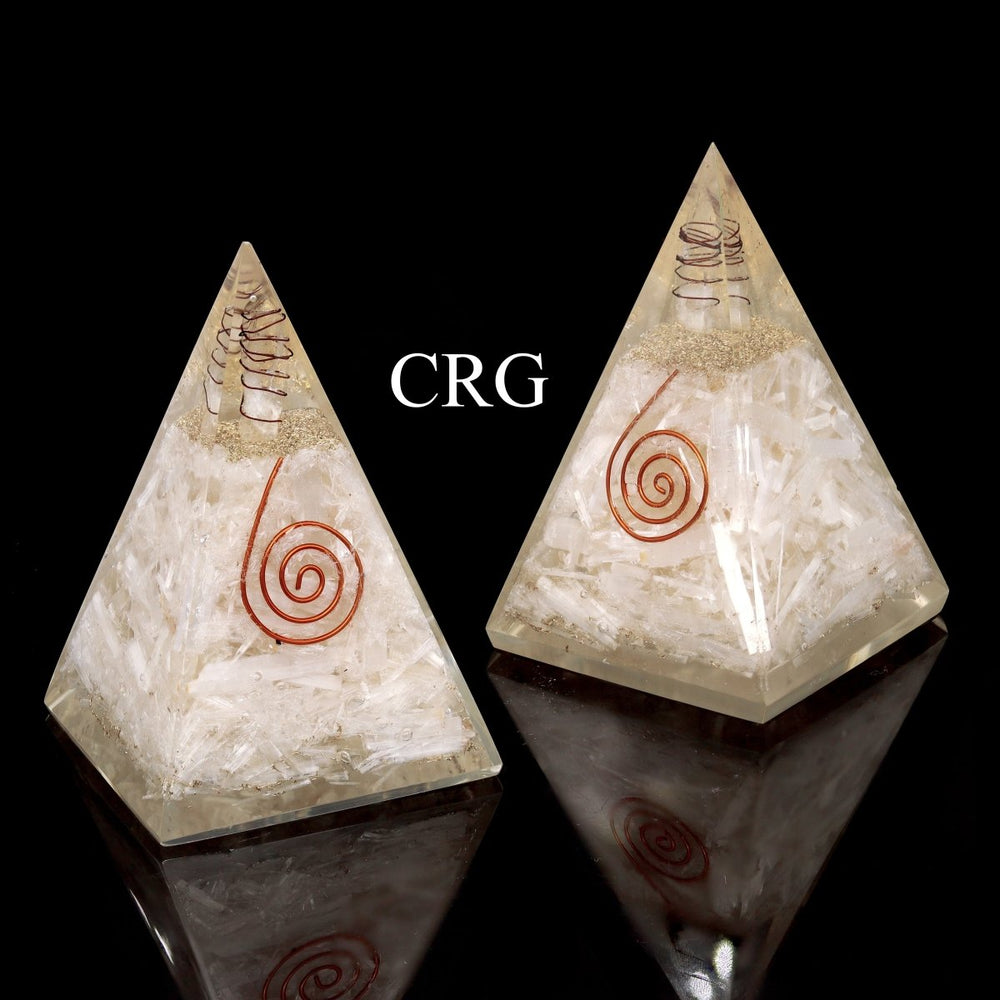 QTY 1 - Selenite Orgonite Pyramid with Copper / 5" AVG