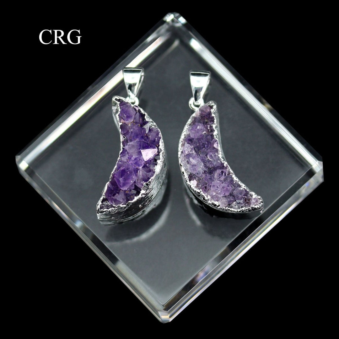 QTY 1 - Silver Plated Amethyst Druzy Moon Pendant / 2" Avg