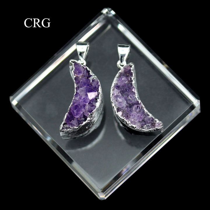 QTY 1 - Silver Plated Amethyst Druzy Moon Pendant / 2" AvgCrystal River Gems