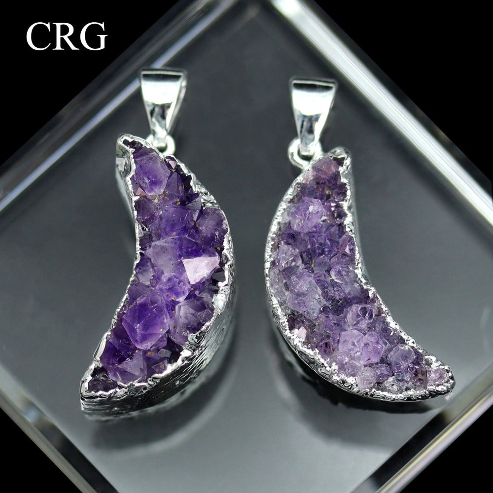QTY 1 - Silver Plated Amethyst Druzy Moon Pendant / 2" AvgCrystal River Gems