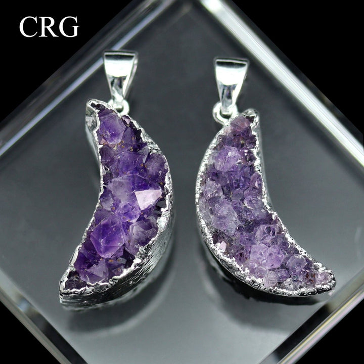 QTY 1 - Silver Plated Amethyst Druzy Moon Pendant / 2" Avg