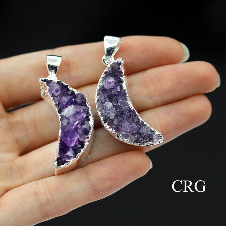 QTY 1 - Silver Plated Amethyst Druzy Moon Pendant / 2" Avg