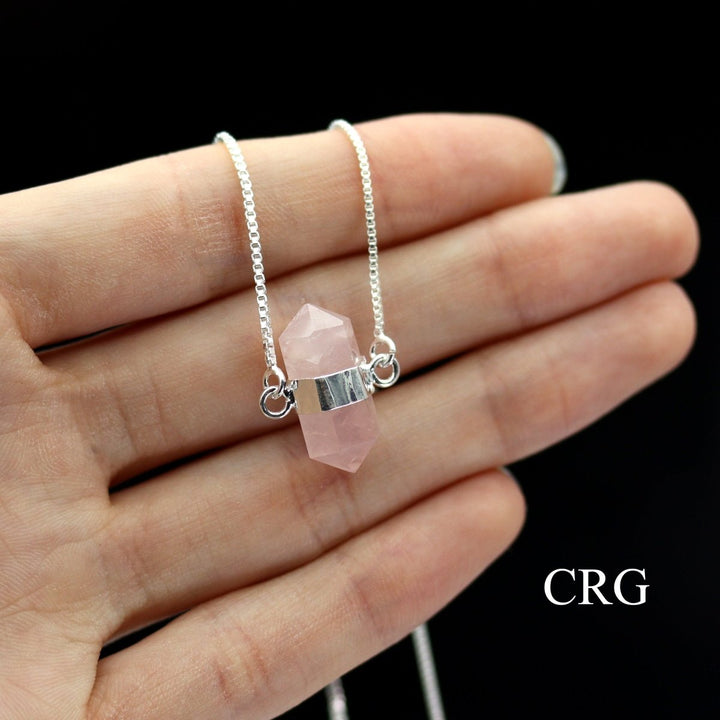 QTY 1 - Silver Plated Mini Bi - Terminated Rose Quartz NecklaceCrystal River Gems