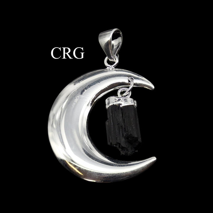 QTY 1 - Silver Plated Moon Pendant with Black Tourmaline / 4" AvgCrystal River Gems