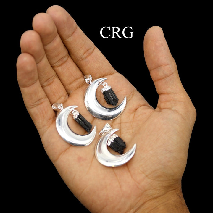 QTY 1 - Silver Plated Moon Pendant with Black Tourmaline / 4" AvgCrystal River Gems