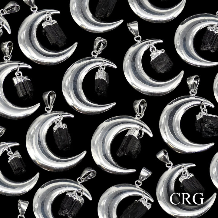 QTY 1 - Silver Plated Moon Pendant with Black Tourmaline / 4" AvgCrystal River Gems