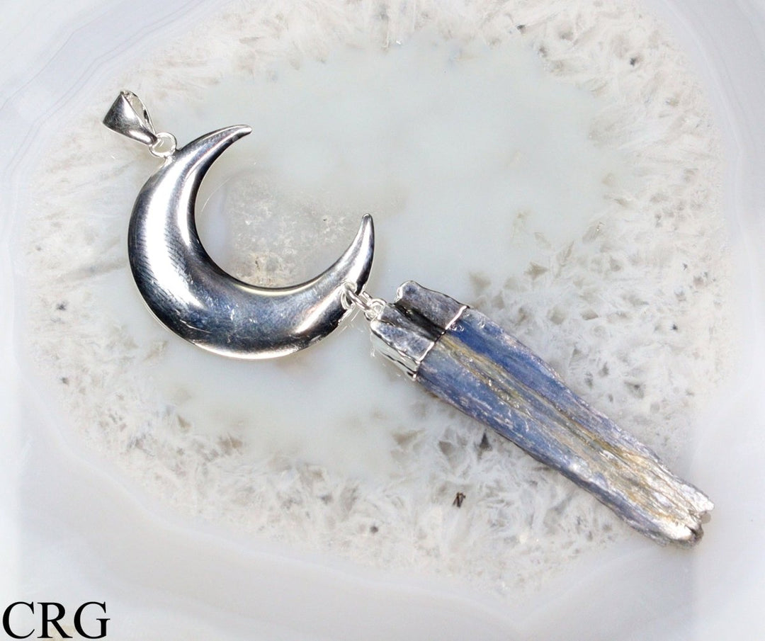 QTY 1 - Silver Plated Moon Pendant with Blue Kyanite / 4" AvgCrystal River Gems