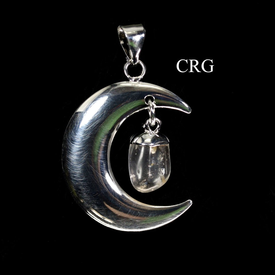QTY 1 - Silver Plated Moon Pendant with Tumbled Clear Quartz / 4" AvgCrystal River Gems