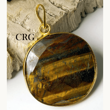 QTY 1 - Tiger Eye Faceted Large Round Pendant w/ Gold Plating / Wholesale Crystals / 1.5"-2.5" Avg