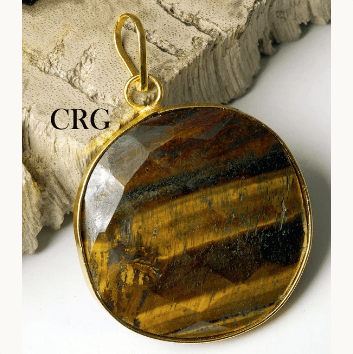 QTY 1 - Tiger Eye Faceted Large Round Pendant w/ Gold Plating / Wholesale Crystals / 1.5" - 2.5" AvgCrystal River Gems