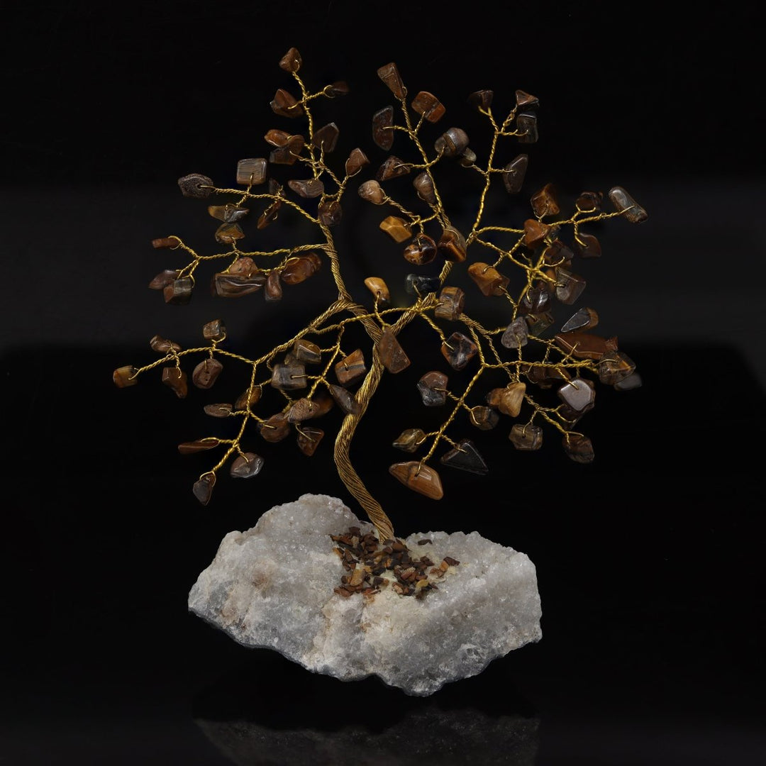 QTY 1 - Tiger's Eye 160 Chip Gem Tree with Gold Wire / 3-5" AVG