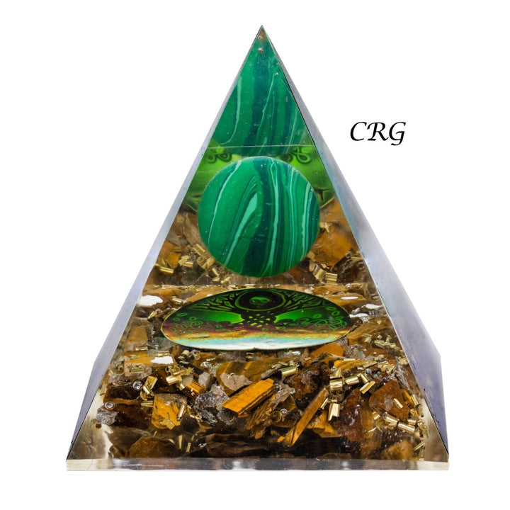 QTY 1 - Tiger's Eye Orgonite Pyramid with Malachite Sphere / 3 - 4" AVGCrystal River Gems