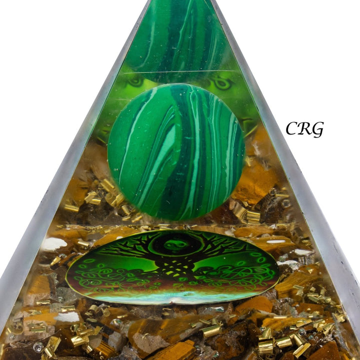 QTY 1 - Tiger's Eye Orgonite Pyramid with Malachite Sphere / 3 - 4" AVGCrystal River Gems