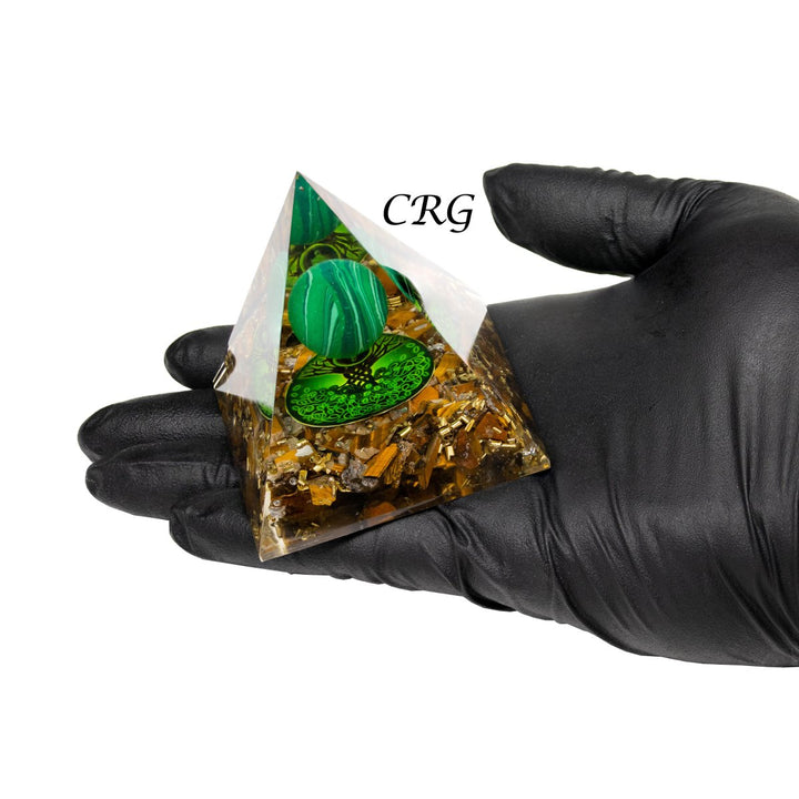 QTY 1 - Tiger's Eye Orgonite Pyramid with Malachite Sphere / 3 - 4" AVGCrystal River Gems