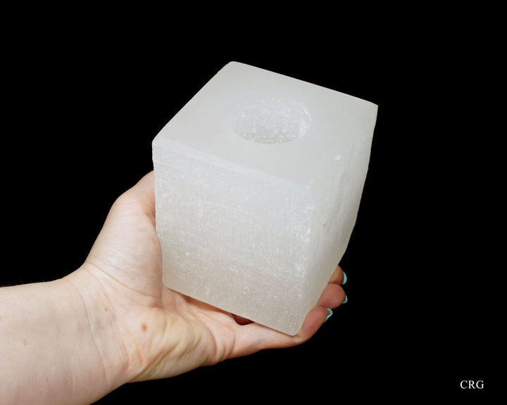 QTY 1 - White Selenite Cube Candle Holder / 3.5 - 4" AVGCrystal River Gems