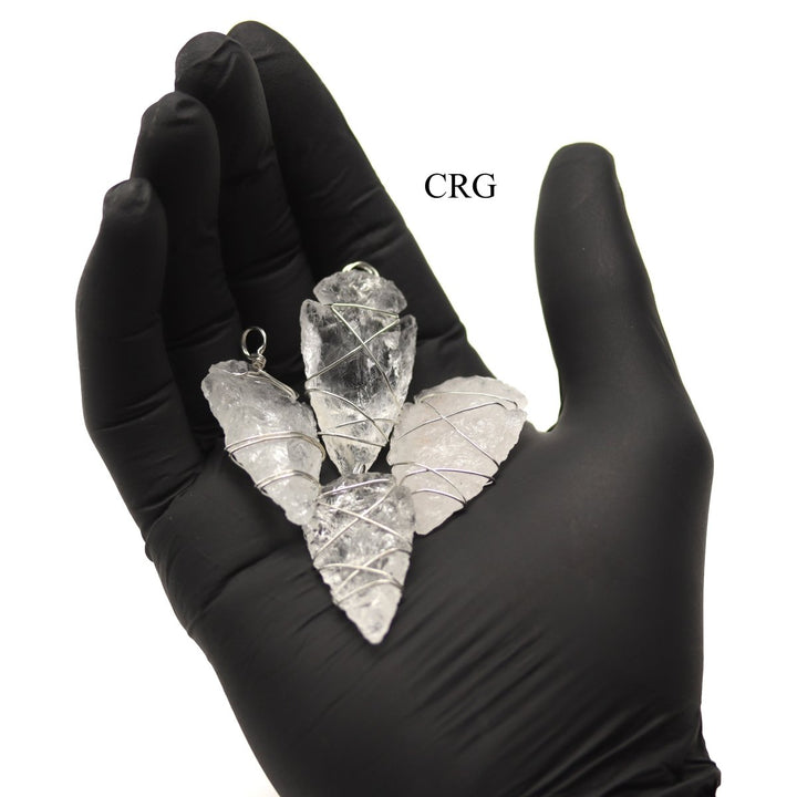 Quartz Arrowhead Pendants with Silver Wire Wrapping (4 Pieces) Size 1.5 Inches Crystal Jewelry CharmCrystal River Gems