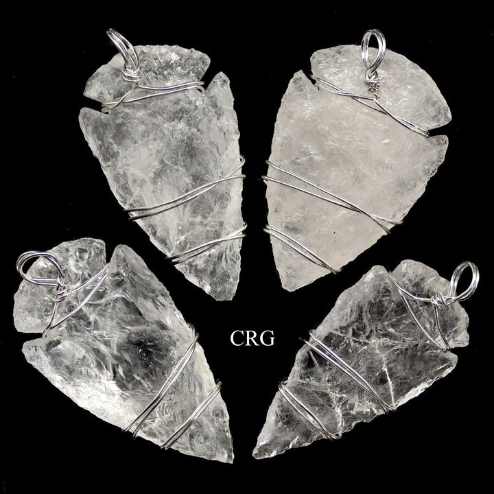 Quartz Arrowhead Pendants with Silver Wire Wrapping (4 Pieces) Size 1.5 Inches Crystal Jewelry CharmCrystal River Gems