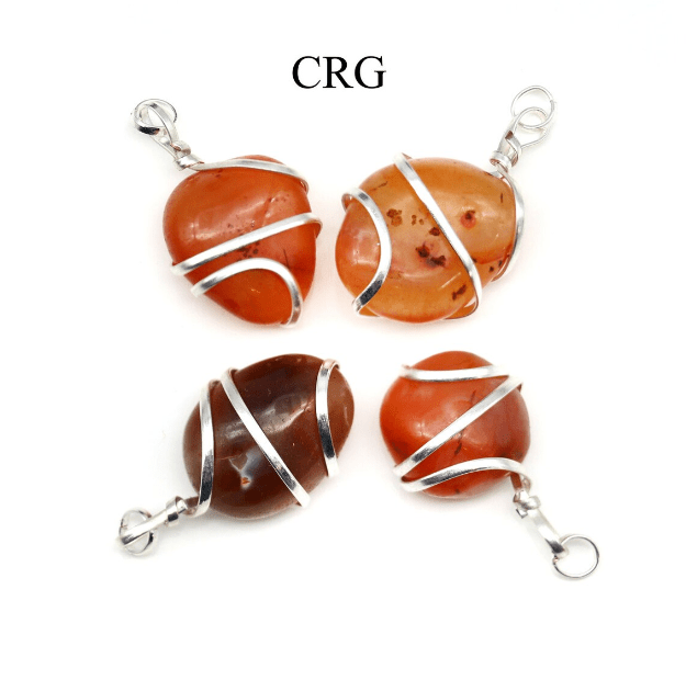 Red Carnelian Tumbled Pendant with Silver Wire (4 Pieces) Size 1 Inch Tumbled Crystal CharmCrystal River Gems