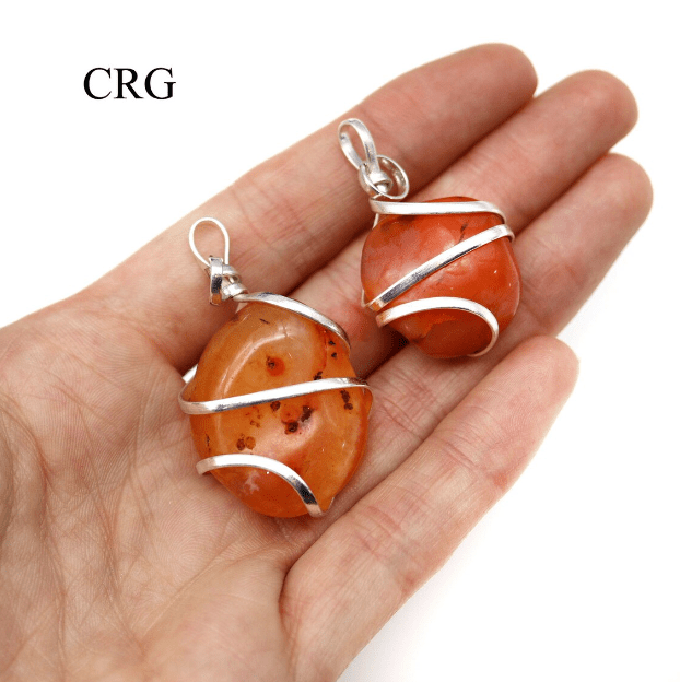 Red Carnelian Tumbled Pendant with Silver Wire (4 Pieces) Size 1 Inch Tumbled Crystal CharmCrystal River Gems