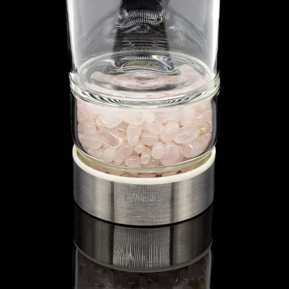 Rose Quartz Gemstone Metal Glass Water Bottle (1 Piece) Size 12 Inches with Black Protective SleeveCrystal River Gems
