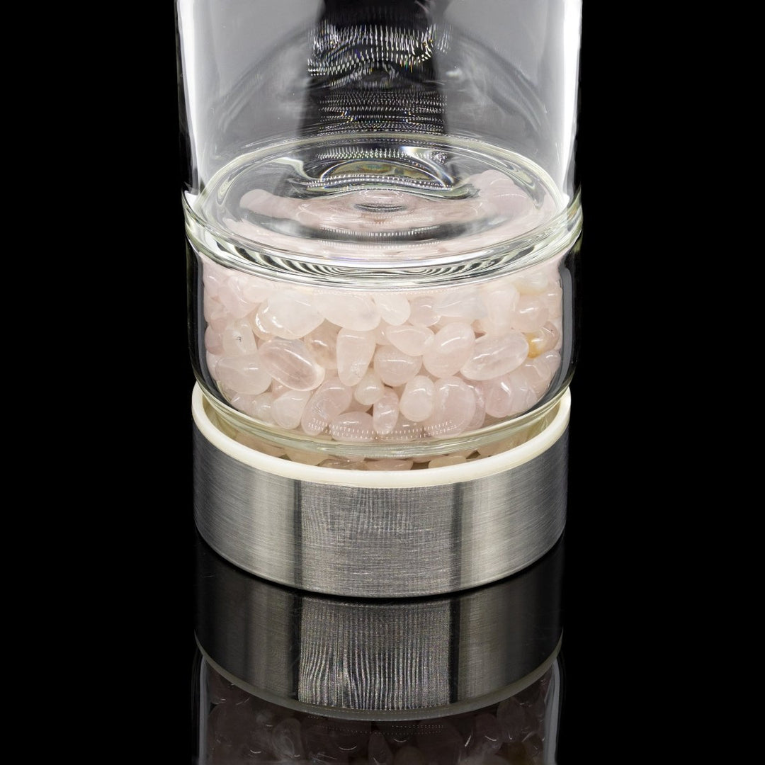 Rose Quartz Gemstone Metal Glass Water Bottle (1 Piece) Size 12 Inches with Black Protective SleeveCrystal River Gems