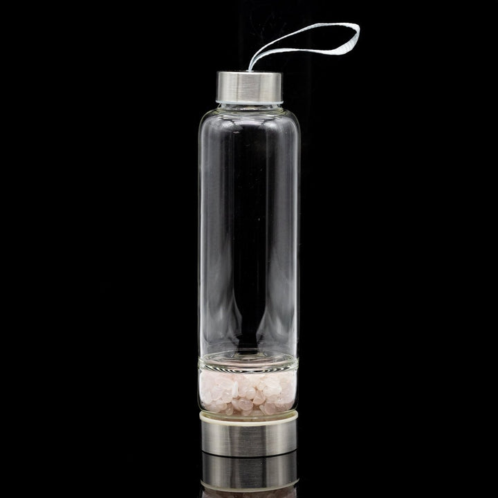 Rose Quartz Gemstone Metal Glass Water Bottle (1 Piece) Size 12 Inches with Black Protective SleeveCrystal River Gems