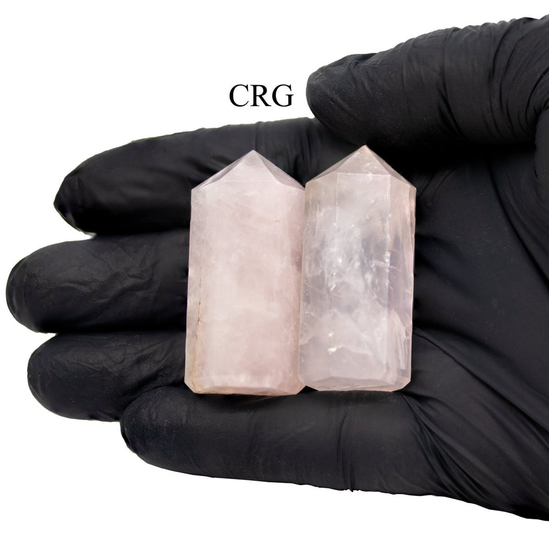 Rose Quartz Mini Towers (2 Pieces) 50 mm Small 6 - Sided Gemstone Tower PointsCrystal River Gems
