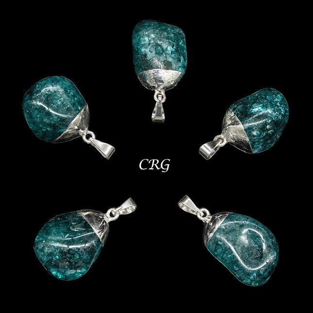 SET OF 10 - Green Crackle Quartz Pendant with Silver Plating / 1-2" AVG