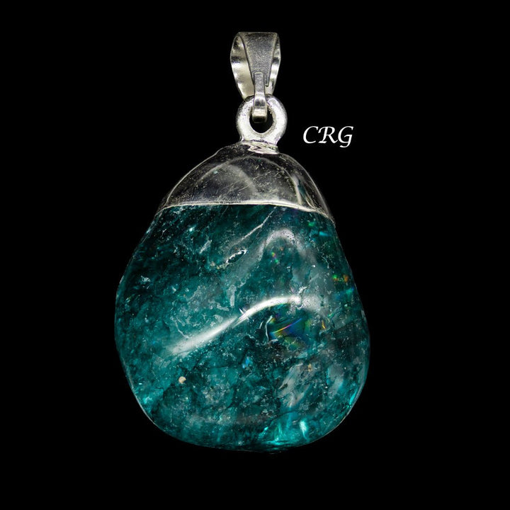 SET OF 10 - Green Crackle Quartz Pendant with Silver Plating / 1-2" AVG