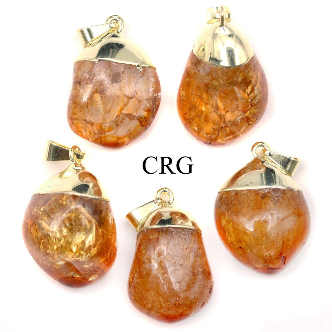 SET OF 10 - Orange Crackle Quartz Pendant with Gold Plating / 1-2" AVG