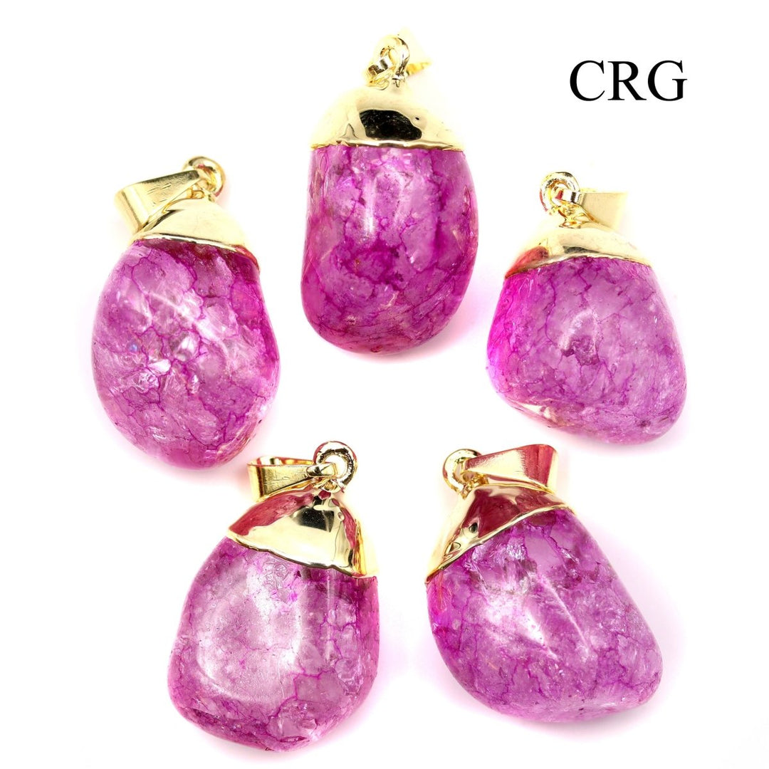 SET OF 10 - Pink Crackle Quartz Pendant with Gold Plating / 1-2" AVG