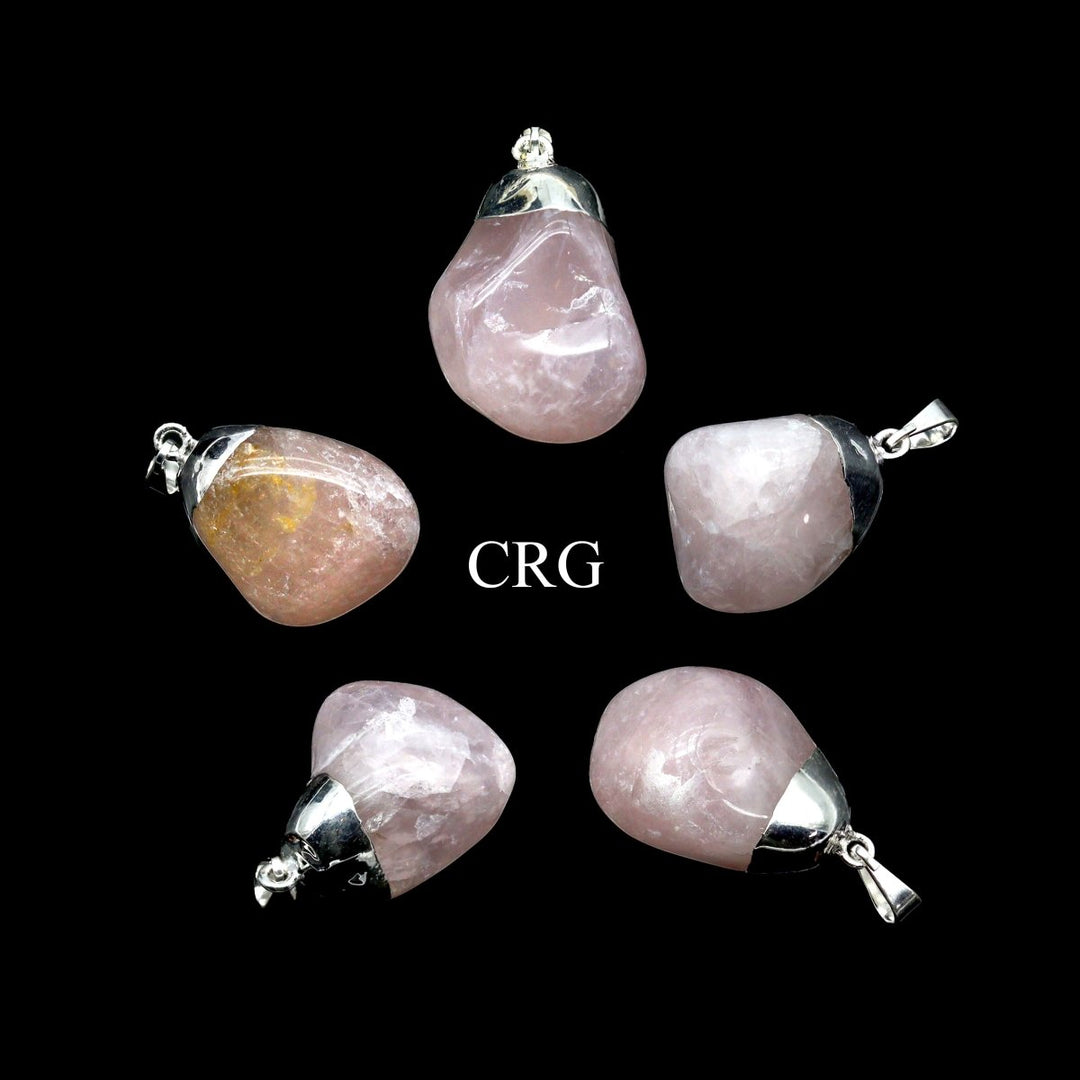 SET OF 10 - Tumbled Rose Quartz Pendant with Silver Plating / 1-2" AVG