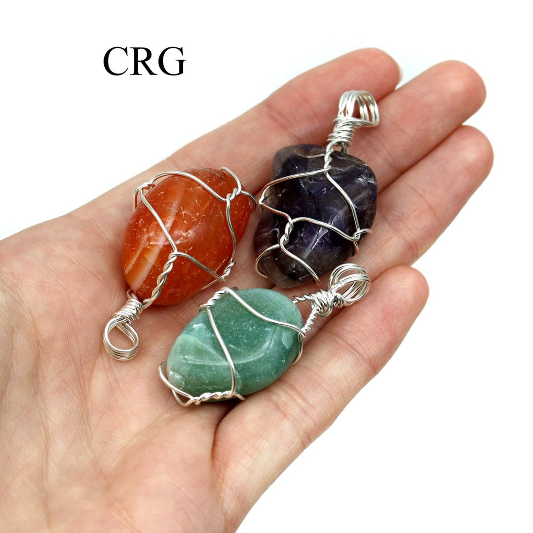 SET OF 10 - Tumbled Stone Pendants with Silver Wire Wrapping / 1-2" AVG