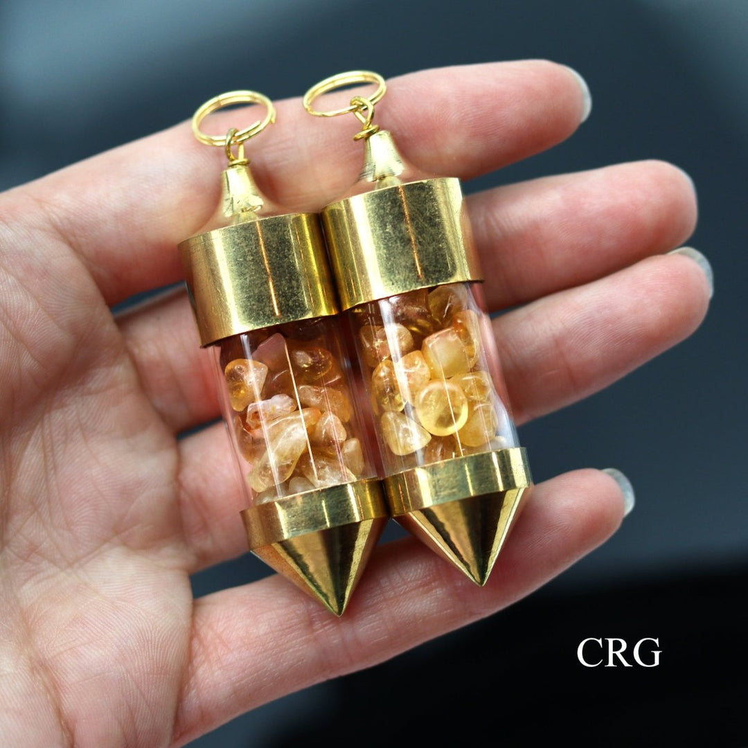 SET OF 2 - Citrine Gemstone Chips in Brass Bottle Pendants / 2-3" AVG