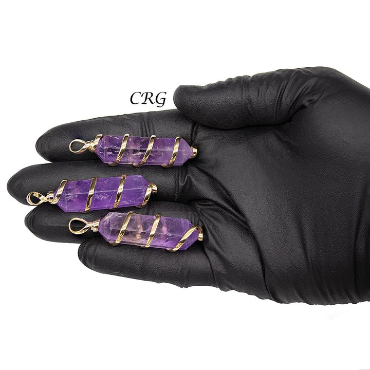 SET OF 2 - Double Terminated Amethyst Pendant with Gold Spiral / 1 - 2" AVGCrystal River Gems