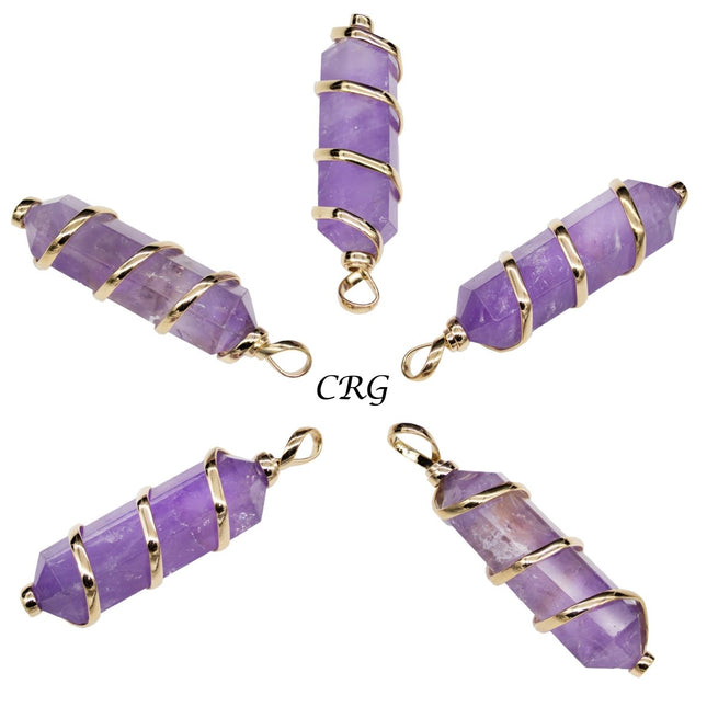 SET OF 2 - Double Terminated Amethyst Pendant with Gold Spiral / 1-2" AVG