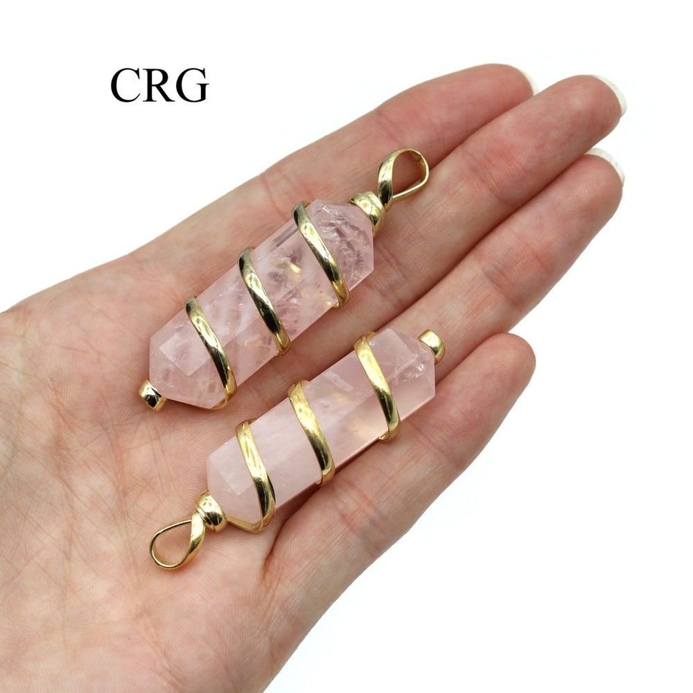 SET OF 2 - Double Terminated Rose Quartz Pendant with Gold Spiral / 1-2" AVG