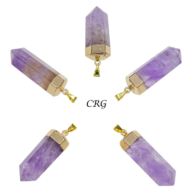SET OF 2 - Polished Amethyst Point Pendant with Gold Plating / 1-2" AVG