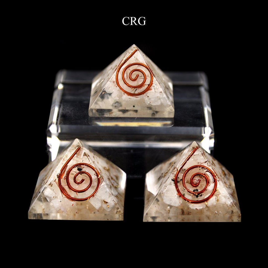 SET OF 3 - Rainbow Moonstone Chip Orgonite Pyramid / 1" AVG