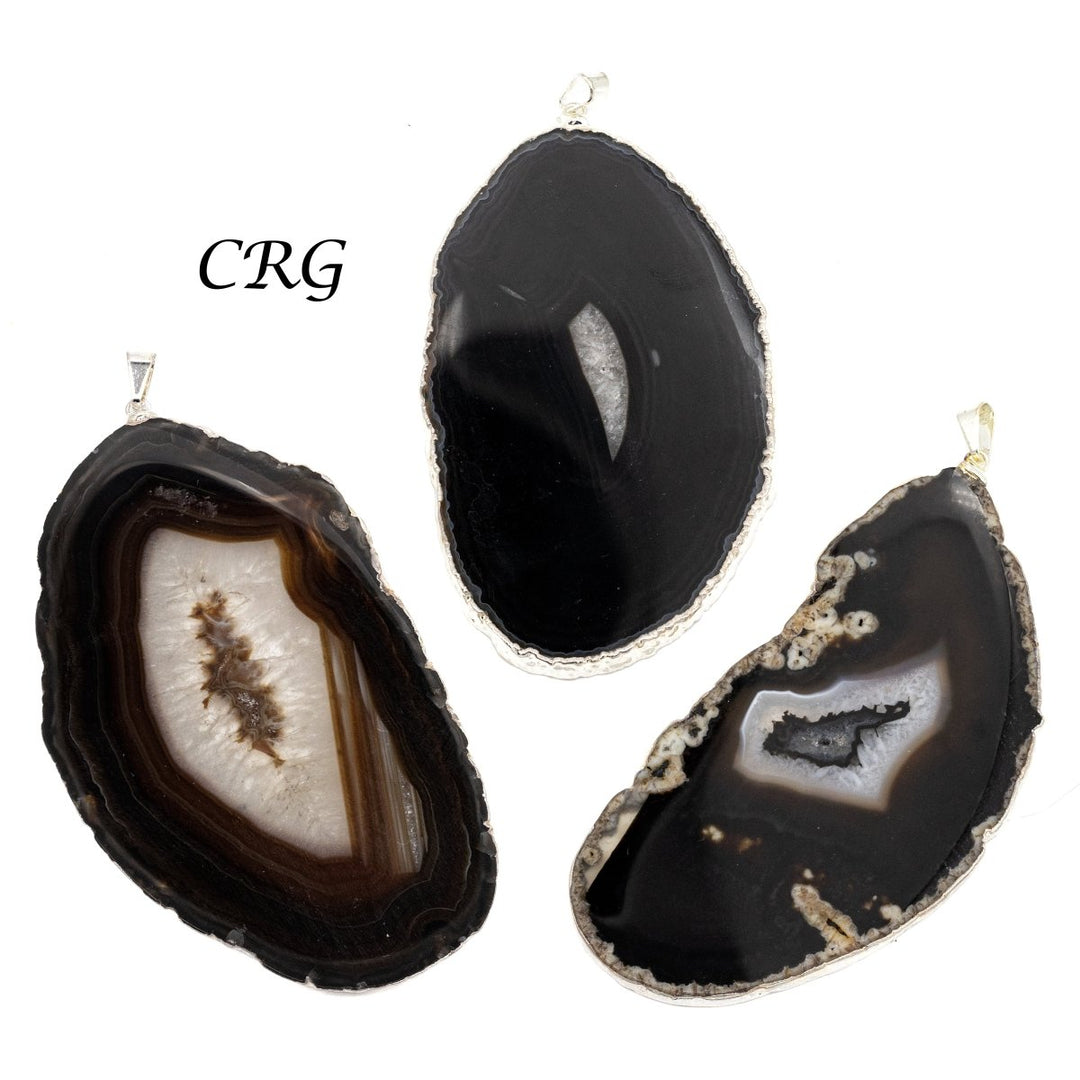 SET OF 4 - Black Agate Slice Pendant with Silver Plating / Size #2Crystal River Gems