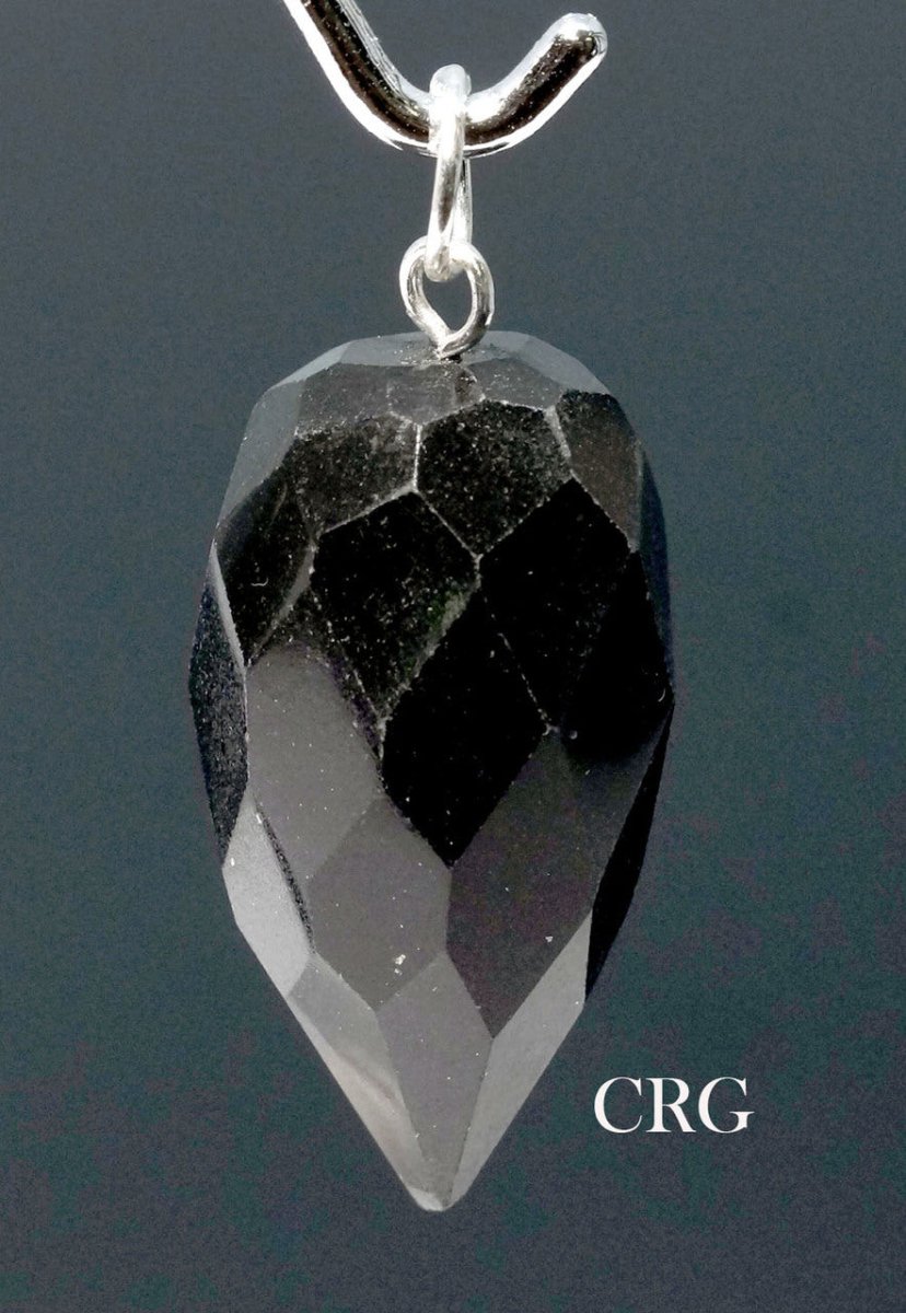 SET OF 4 - Black Tourmaline Faceted Drop Pendant with Silver Bail / 1" AVGCrystal River Gems