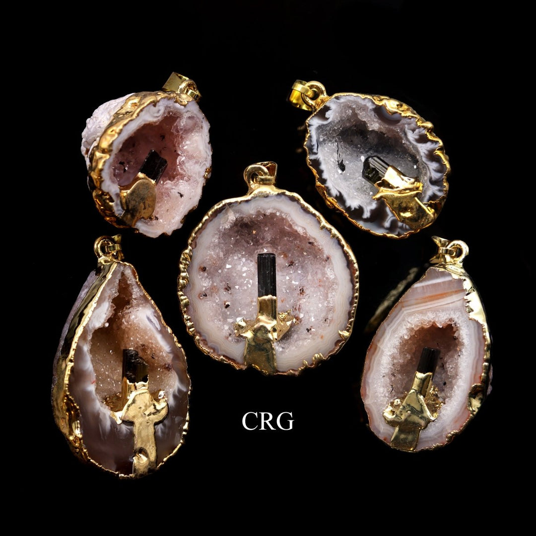 Gold Plated Geode Half Pendant with Black Tourmaline Point - 1" - 2" - Set of 4Crystal River Gems
