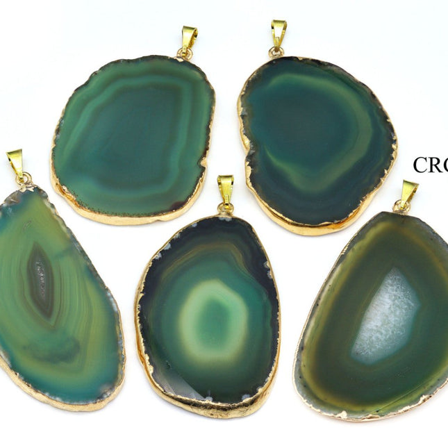 SET OF 4 - Green Agate Slice Pendant with Gold Plating / 1-2" AVG