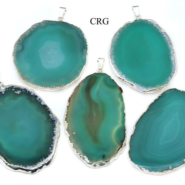 SET OF 4 - Green Agate Slice Pendant with Silver Plating / 1-2" AVG