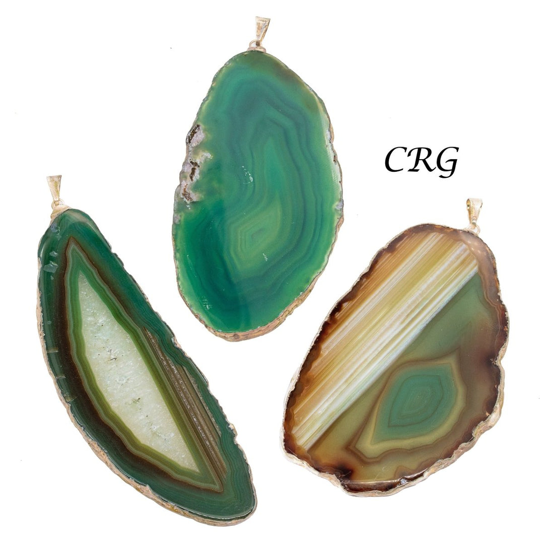 SET OF 4 - Green Agate Slice Pendant with Silver Plating / Size #2