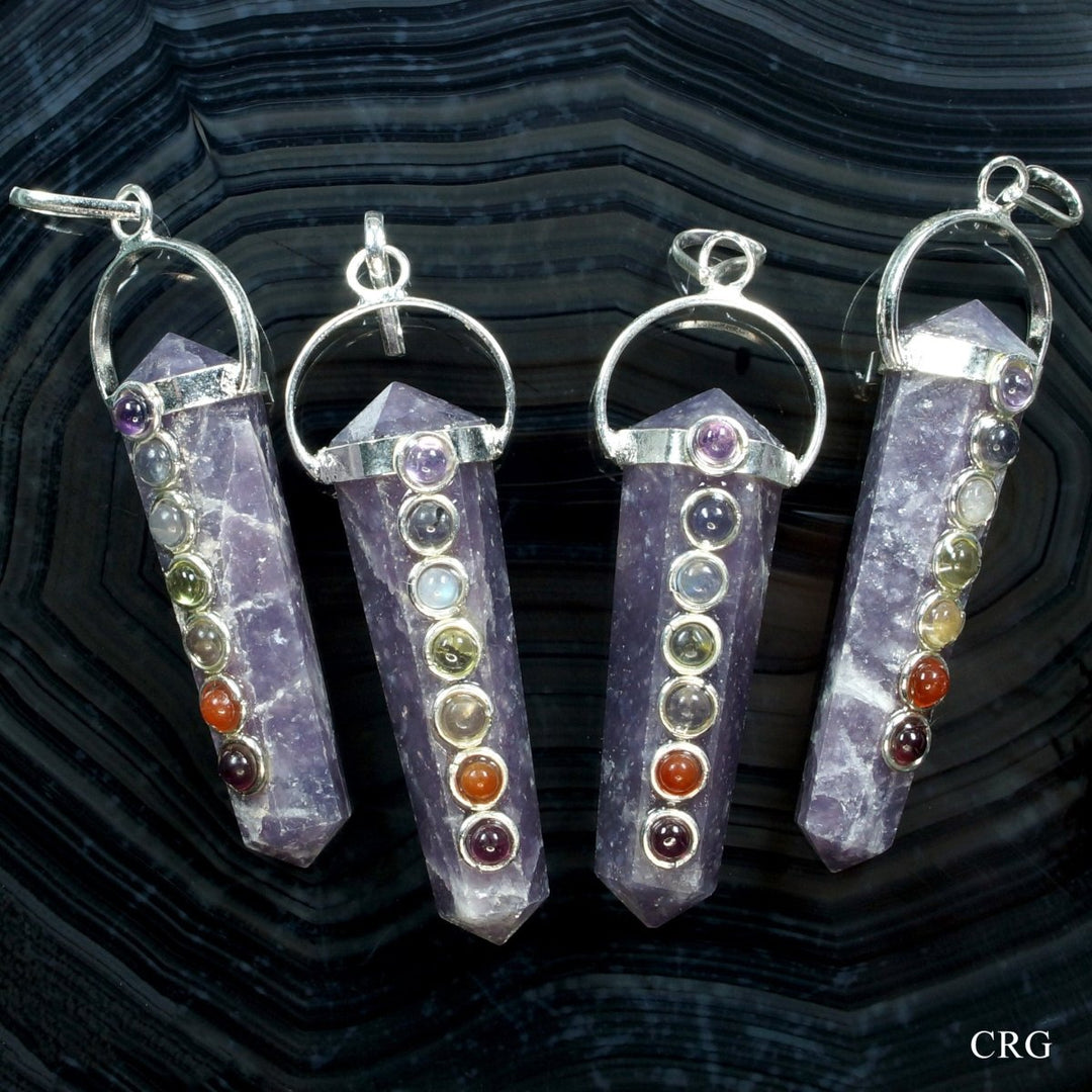 SET OF 4 - Lepidolite Double Terminated Point Pendant w/ 7 Stone Detail / 1.5" Avg