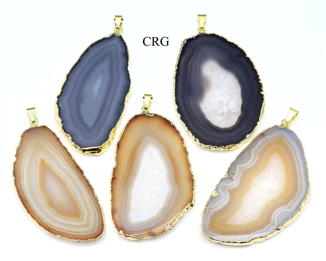SET OF 4 - Natural Agate Slice Pendant with Gold Plating / 1-2" AVG