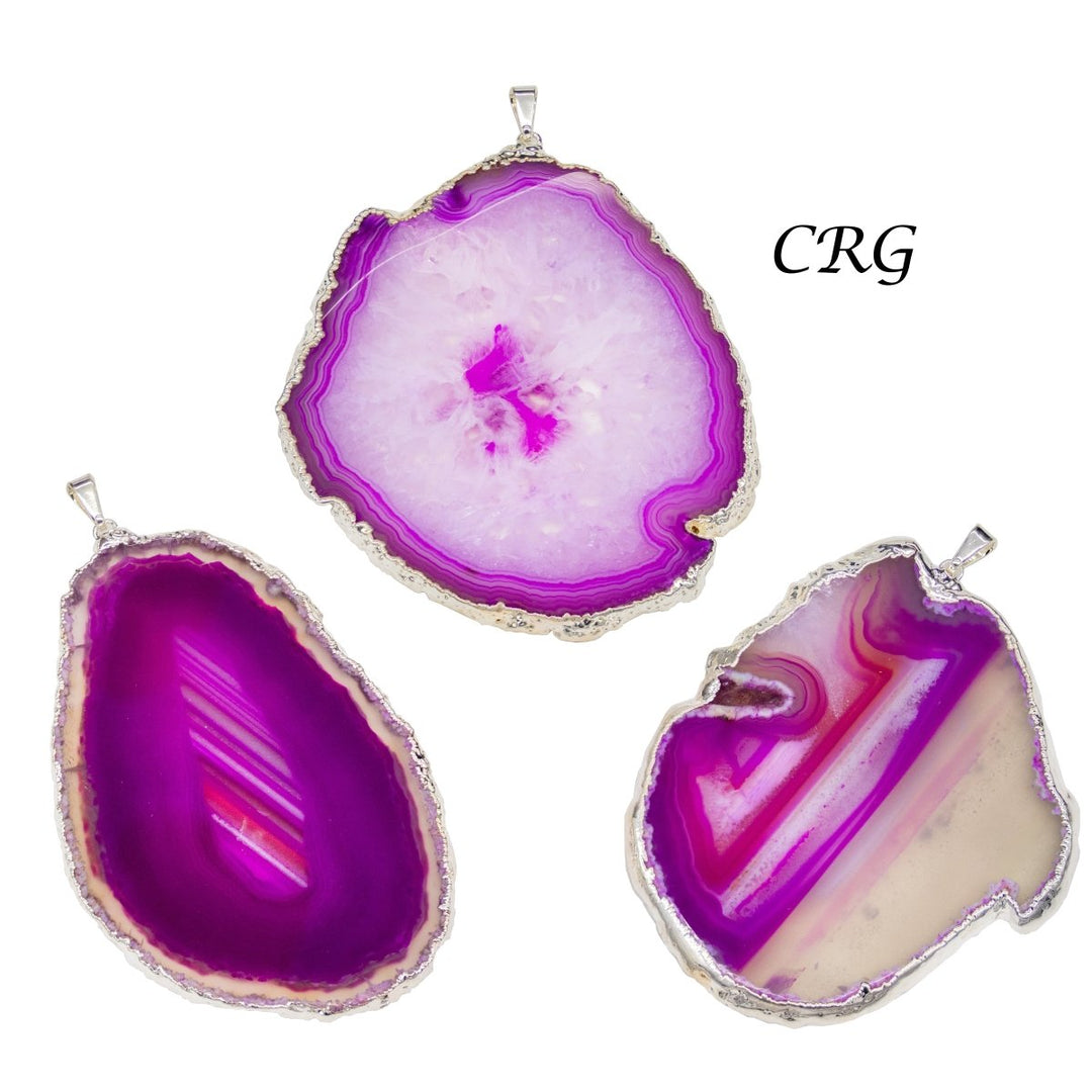 SET OF 4 - Pink Agate Slice Pendant with Silver Plating / Size #2